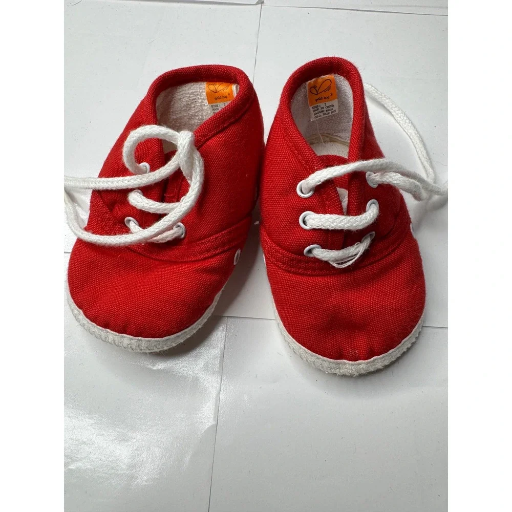 Gold Bug Baby Boys Red Canvas Soft‎ Sole Crib Shoes Sneakers Size 1